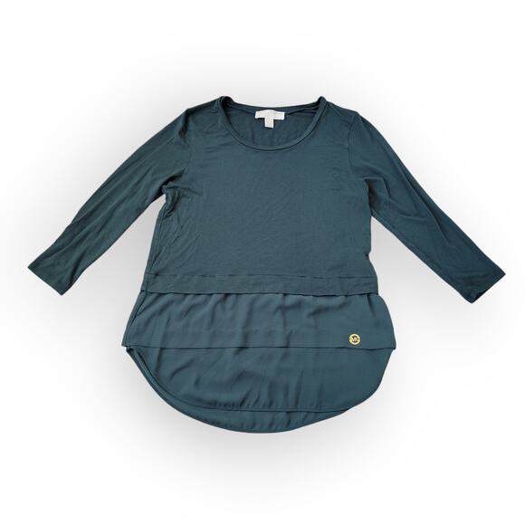 Michael Kors Dark Green 3/4 Sleeve Knit Layer Chiffon Hem Blouse Women Sz S - Picture 1 of 8